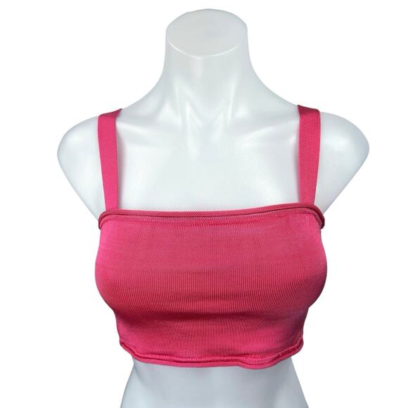 Nati Vozza Women's Pink Rib Knit Sleeveless Square Neck Pullover Crop Tank Top M - Picture 1 of 4